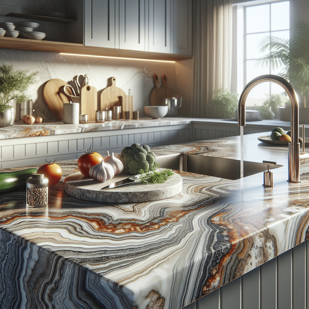A modern kitchen with a quartzite countertop displaying unique patterns and colors, featuring a faucet and vegetables.