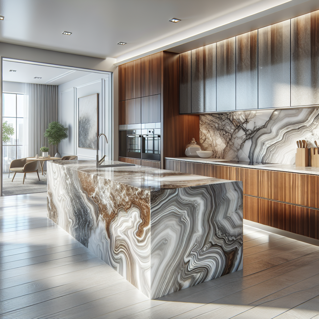 A modern kitchen featuring a quartzite countertop with intricate patterns and a warm ambiance.