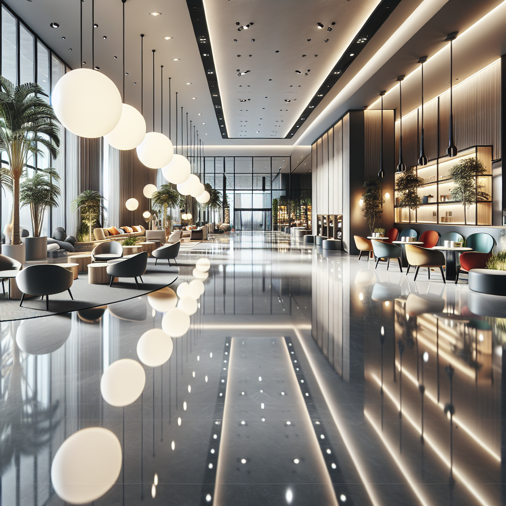 A modern commercial interior featuring Nitoflor SL 4000 flooring with a seamless gray finish.