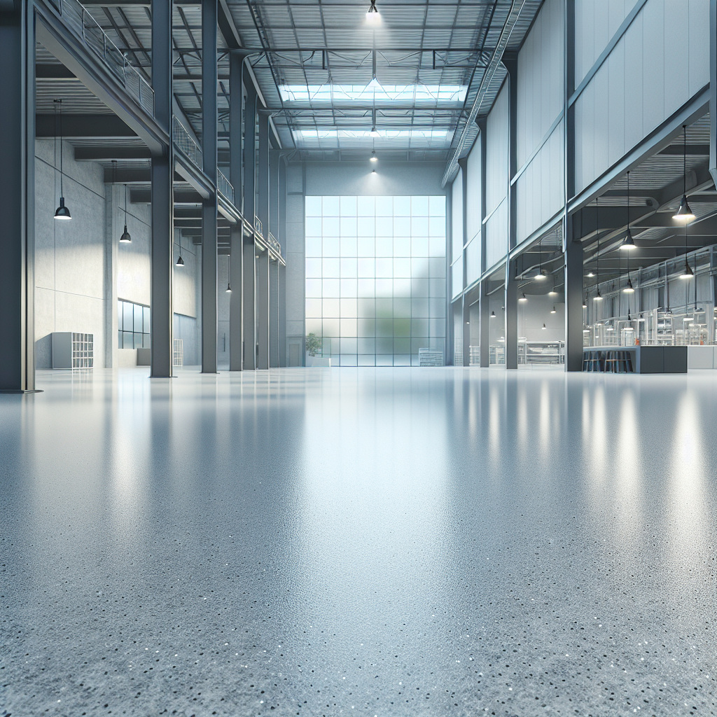 A realistic image of a seamless light gray industrial flooring in a spacious warehouse environment.