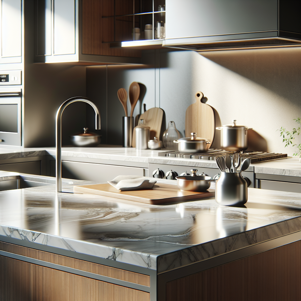 A modern kitchen with a glossy porcelain countertop showcasing its elegant design.