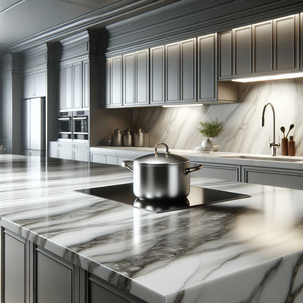 A modern kitchen with porcelain countertops and a hot pot.