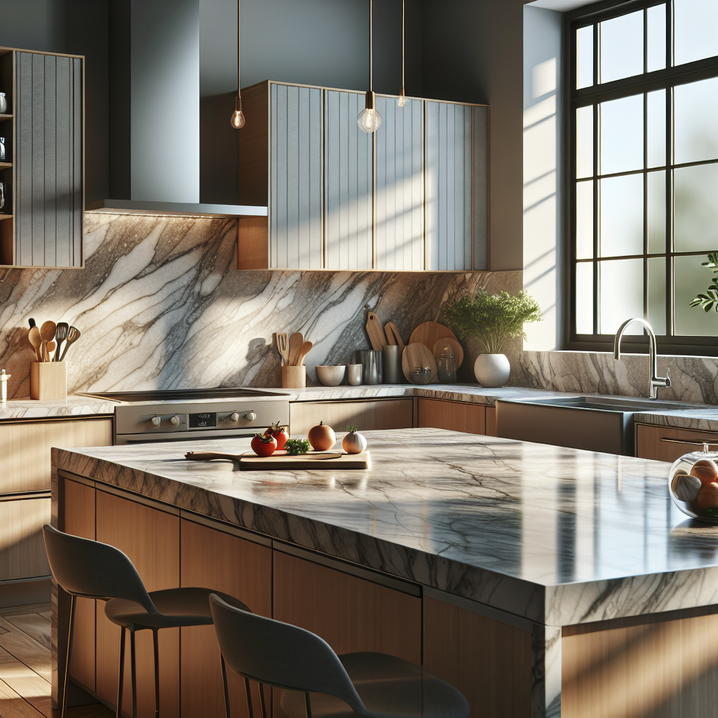 A modern kitchen with a porcelain countertop, illustrating its durability and aesthetics.