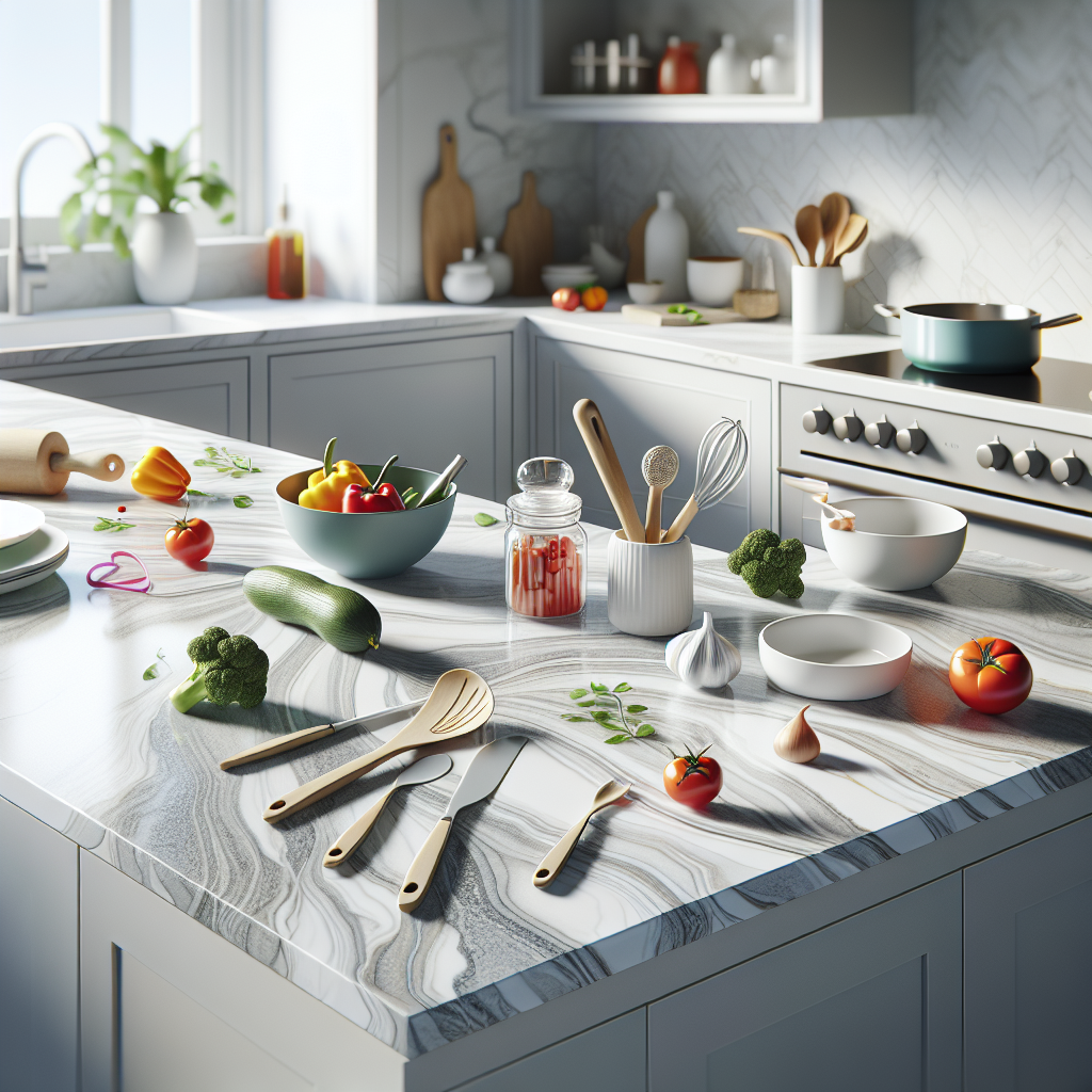 A modern kitchen with shiny porcelain countertops and colorful kitchen utensils.
