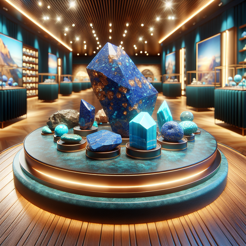 A vibrant exhibition space showcasing various blue stones on display.