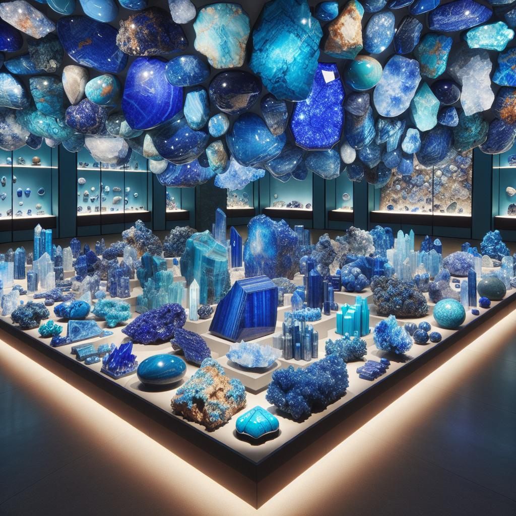 A vibrant exhibition space with various types of blue stones including lapis lazuli, turquoise, and blue quartz.