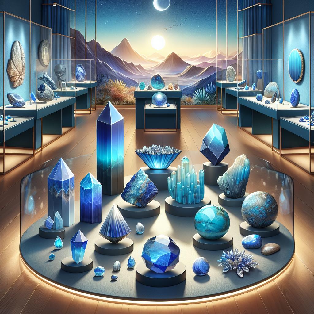 An exhibition displaying various blue stones like lapis lazuli and turquoise in a well-lit space.