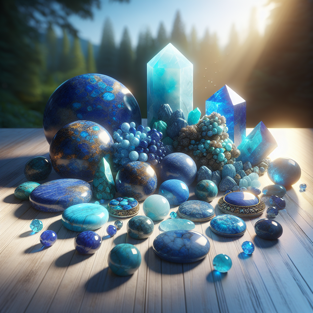 An array of blue stones on a wooden table, showcasing lapis lazuli, turquoise, and blue quartz.