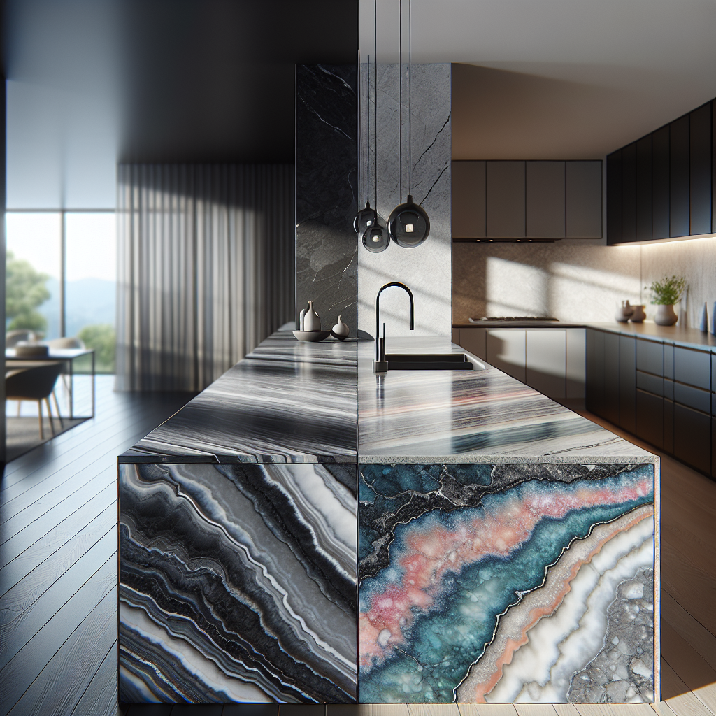 A Florim Stone slab and a Quartz countertop in a modern kitchen.