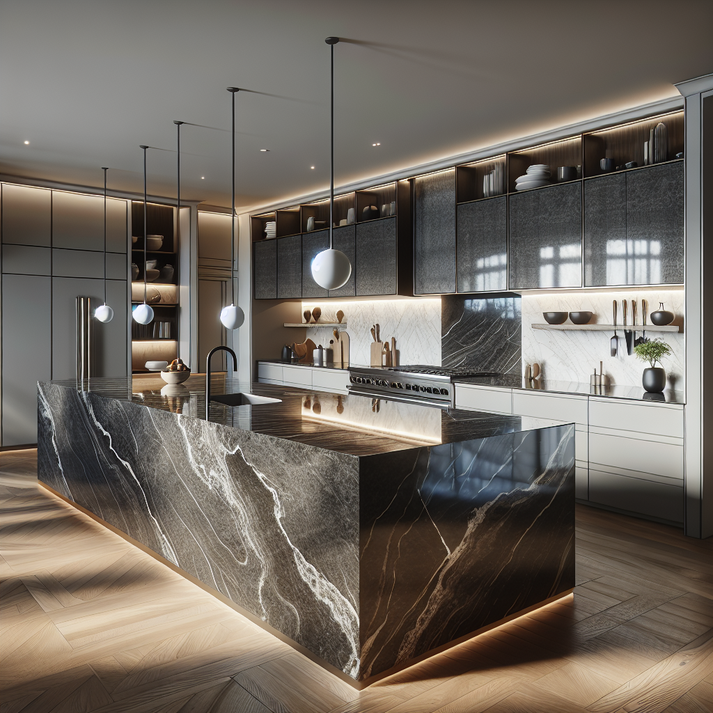 A modern kitchen showcasing Florim Stone and Quartz surfaces.