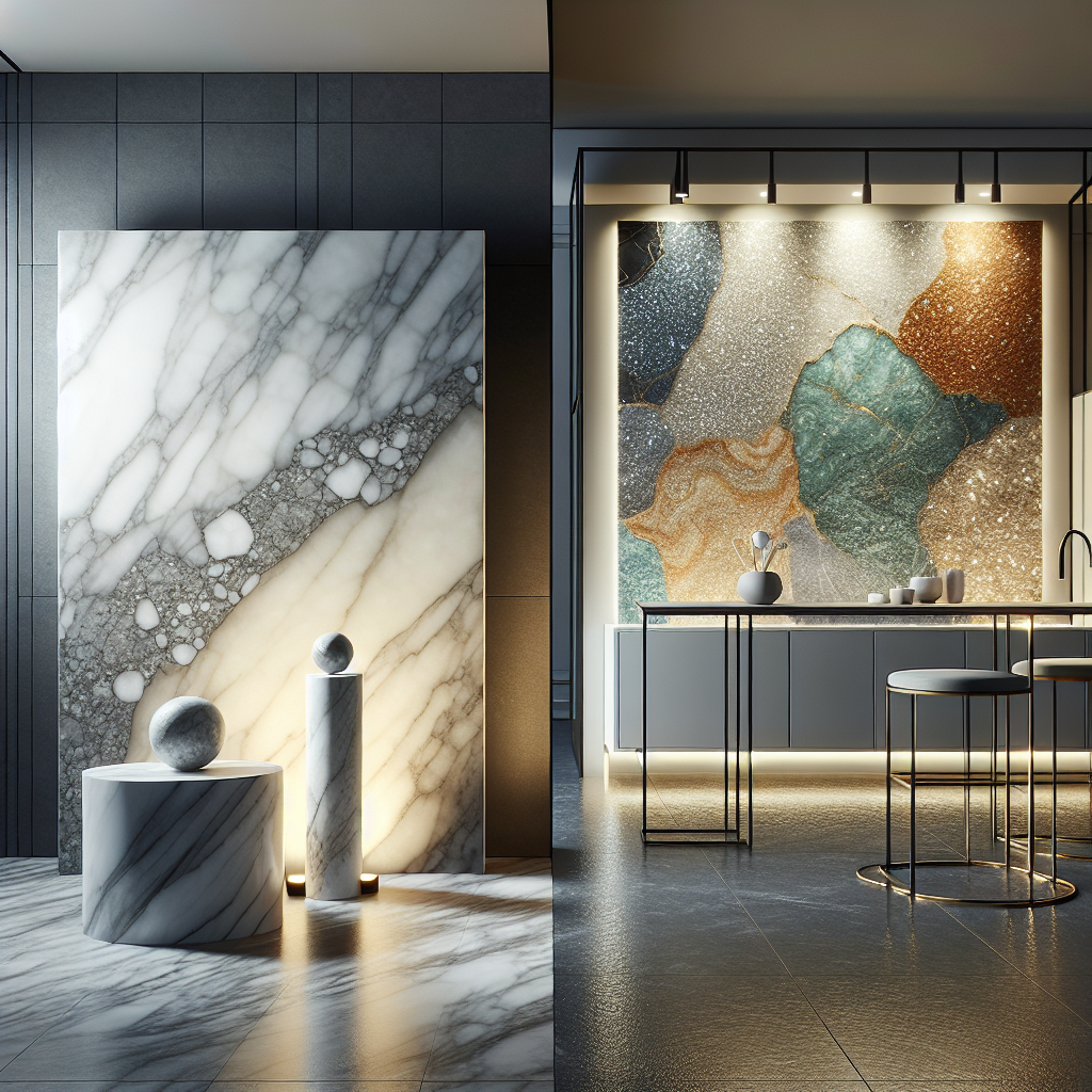 A comparison image of Florim Stone and Quartz surfaces.