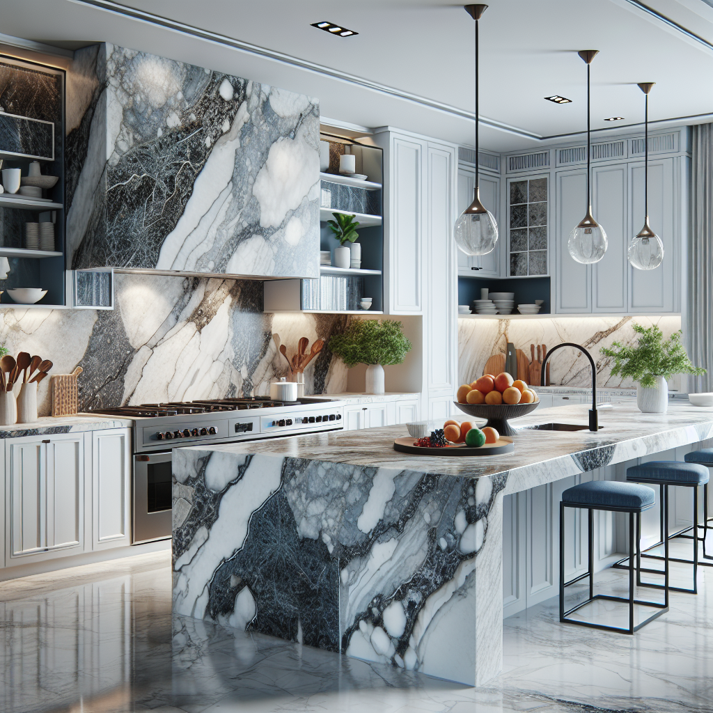 A luxurious kitchen with stone countertops made of granite, marble, and quartz.