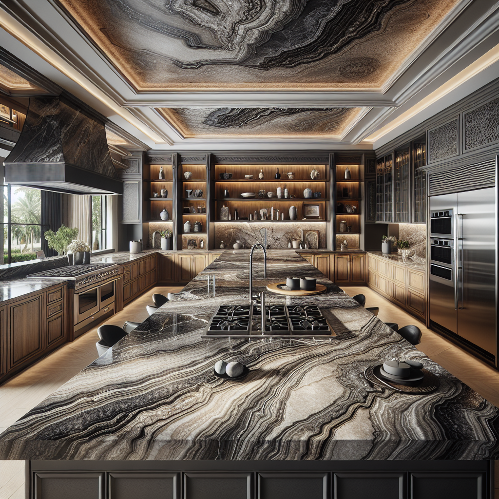 A luxurious kitchen showcasing stunning stone countertops.