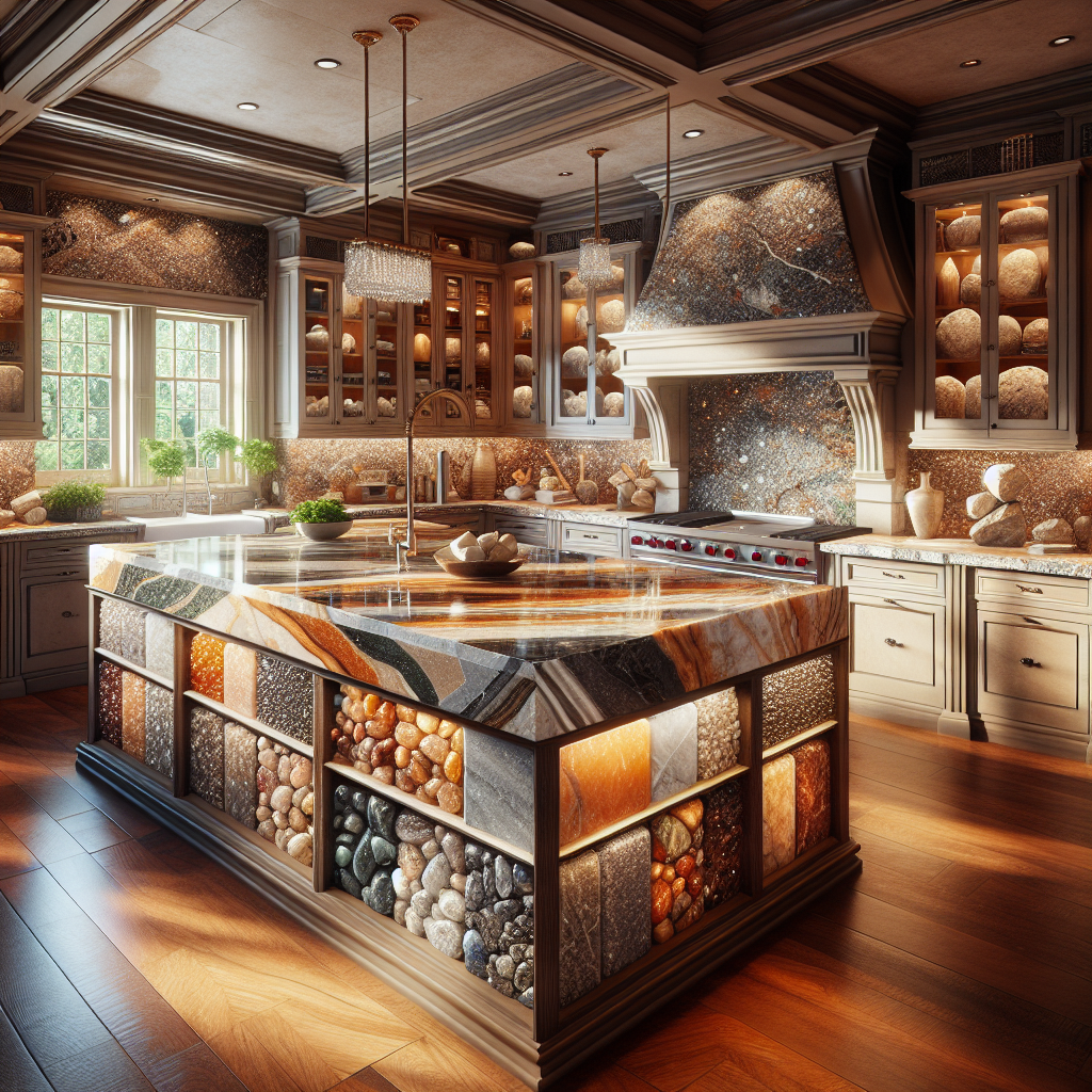 A luxurious kitchen with various stone countertops made of granite, marble, and quartz.