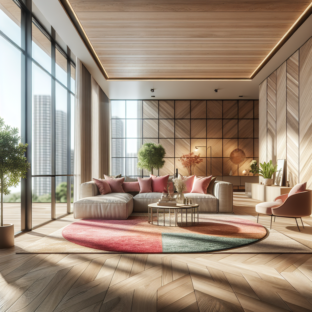 A modern living room featuring high-quality vinyl flooring with a stylish rug, furniture, and plants.