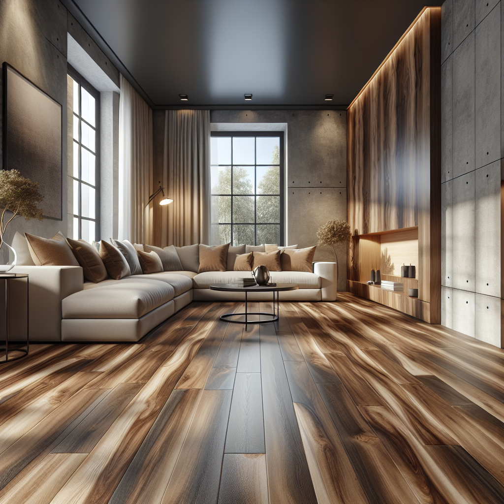 A modern living room with vinyl flooring that resembles natural wood.