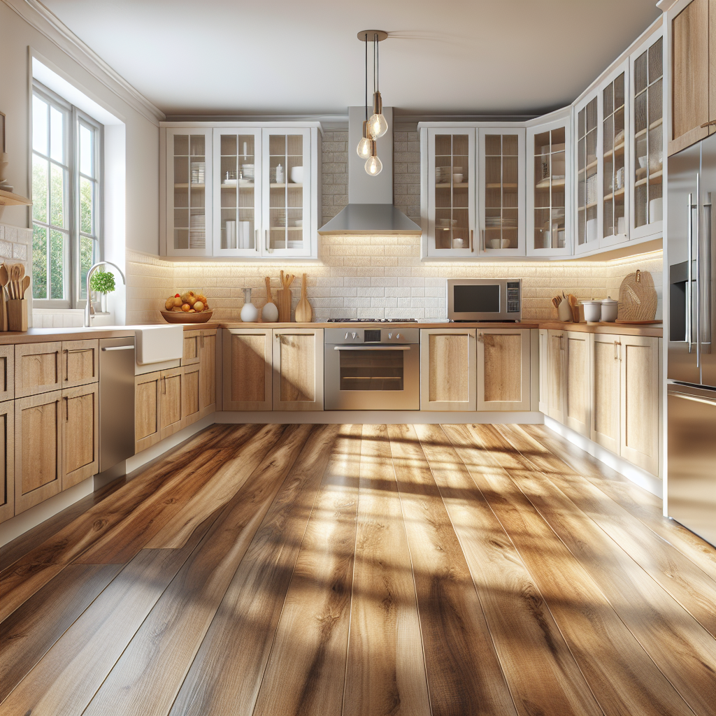 A modern kitchen with vinyl flooring and light-colored cabinets.