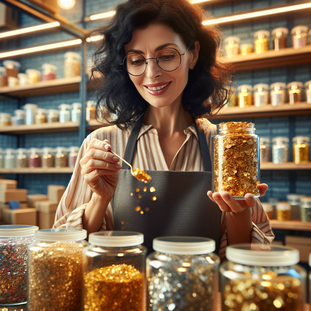 A gold flake distributor's workspace with a smiling woman inspecting gold flakes in jars.