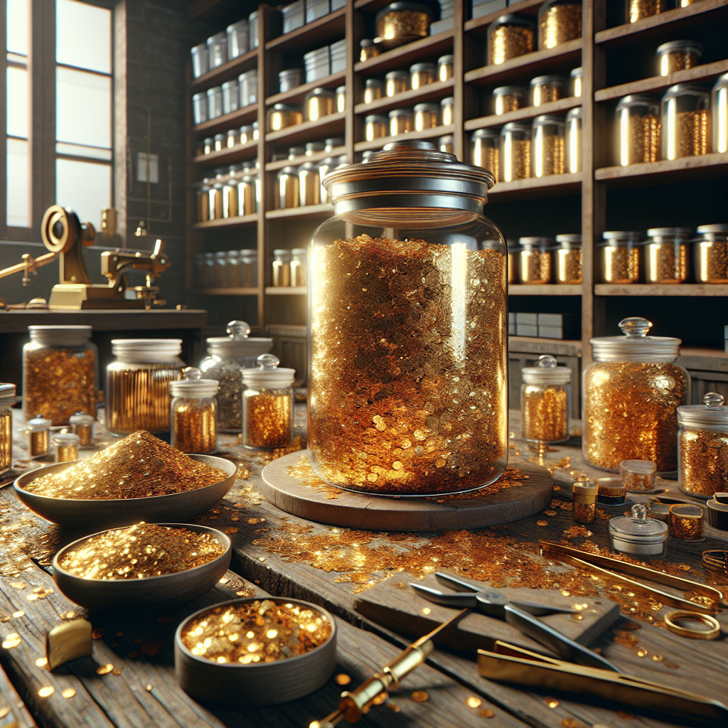 A workspace featuring gold flakes, jars, and tools indicating a gold flake distributor's environment.