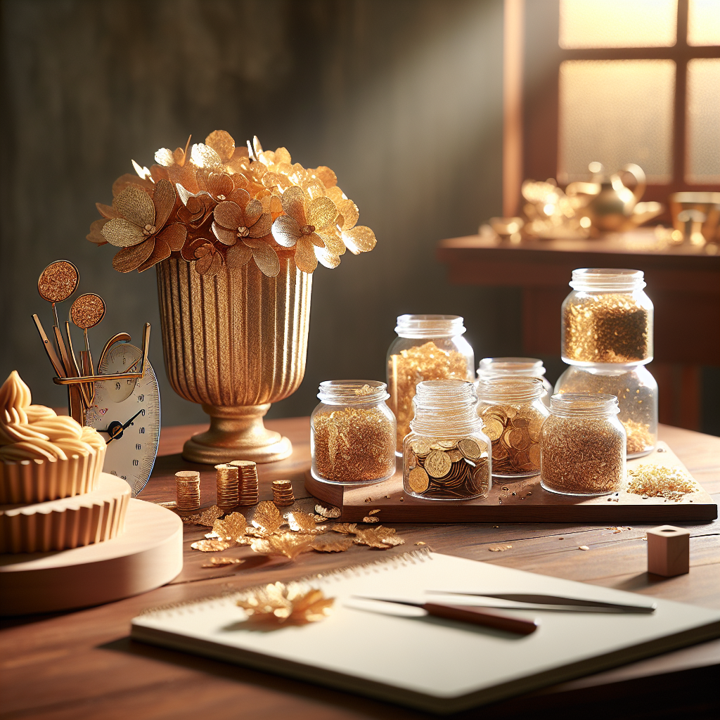 A workspace showcasing various gold flakes in jars on a wooden table.