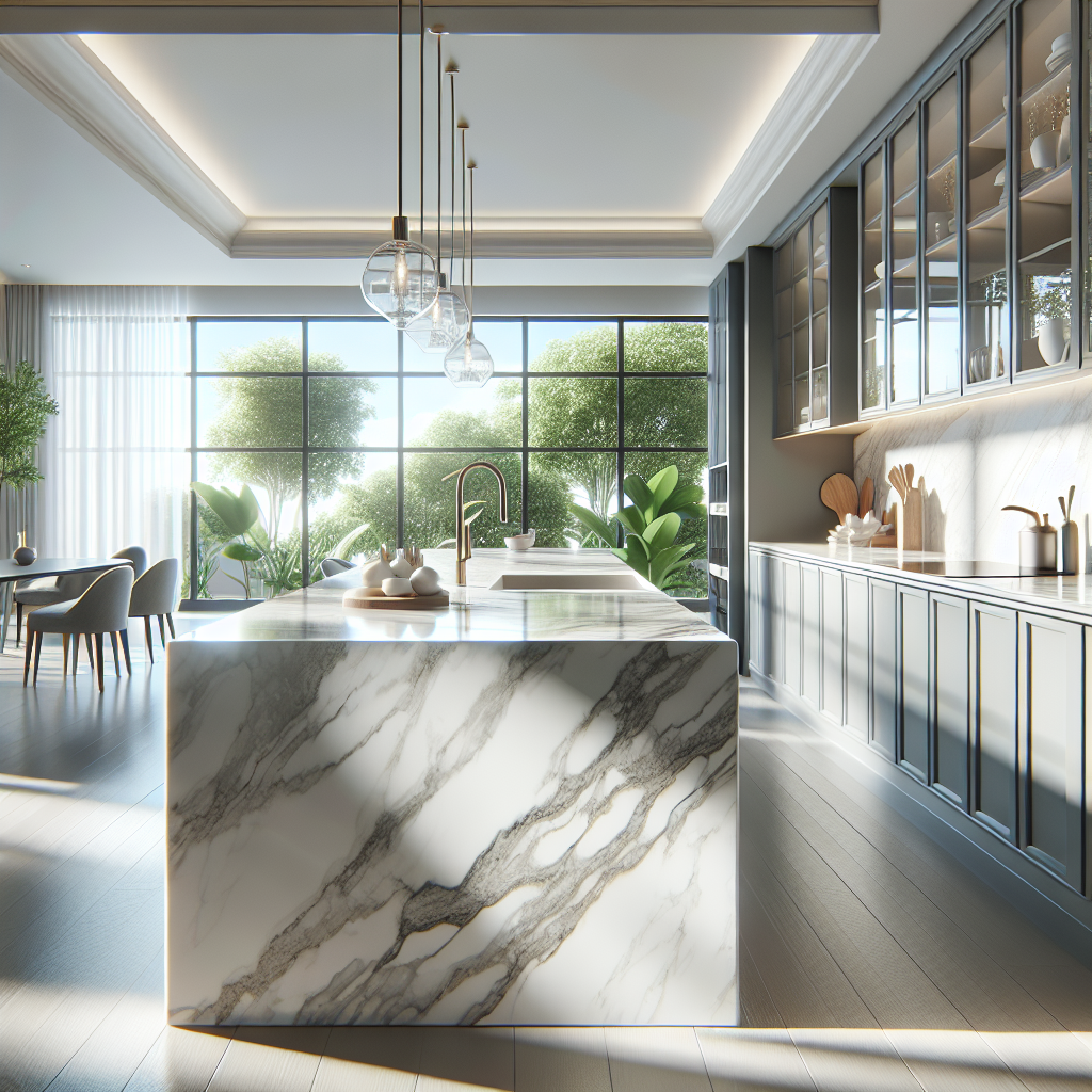 A modern kitchen featuring a stunning quartz countertop with a white and grey design, illuminated by natural sunlight.