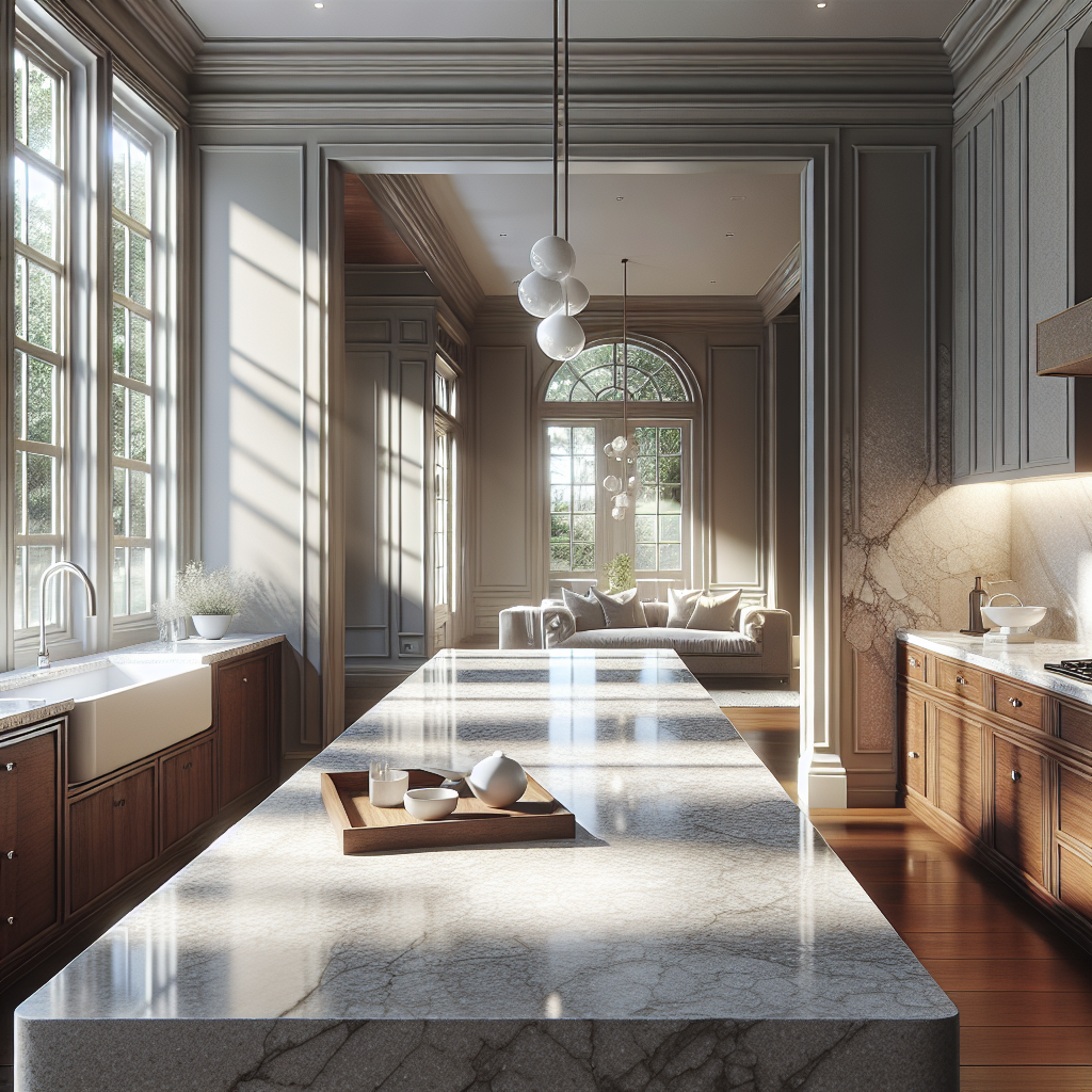A modern kitchen and bathroom interior with beautiful quartz surfaces.