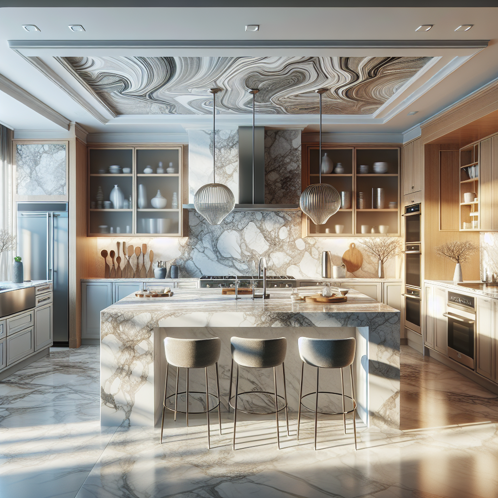 A luxurious kitchen with quartz countertops and modern appliances.