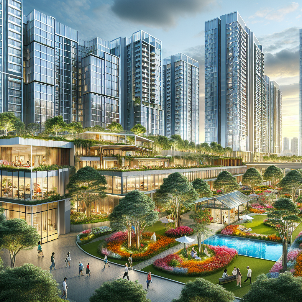 A realistic depiction of the V on Shenton building surrounded by landscapes and residents enjoying amenities.