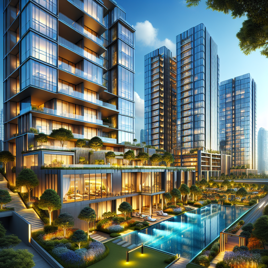 A realistic depiction of V on Shenton, a luxury apartment building surrounded by gardens and amenities.