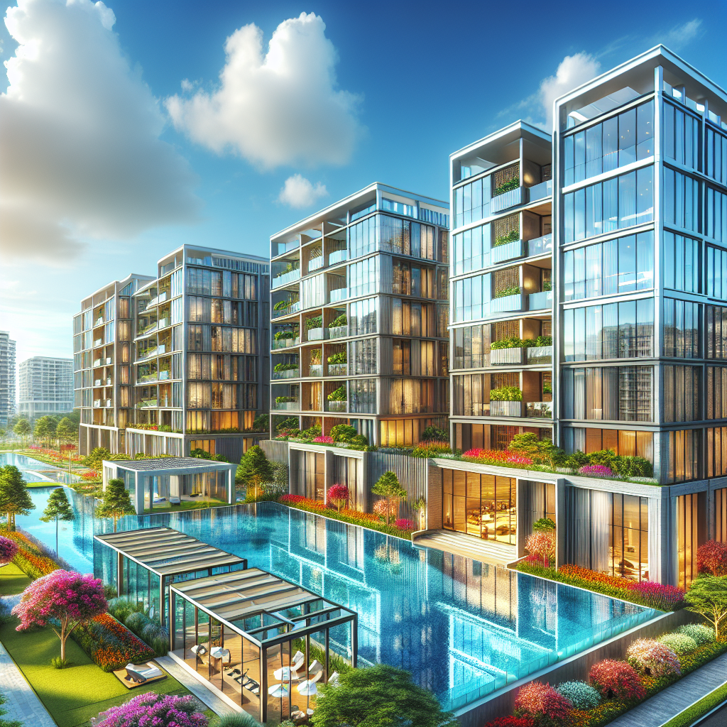 A modern luxury residential building, V on Shenton, surrounded by gardens and a swimming pool.