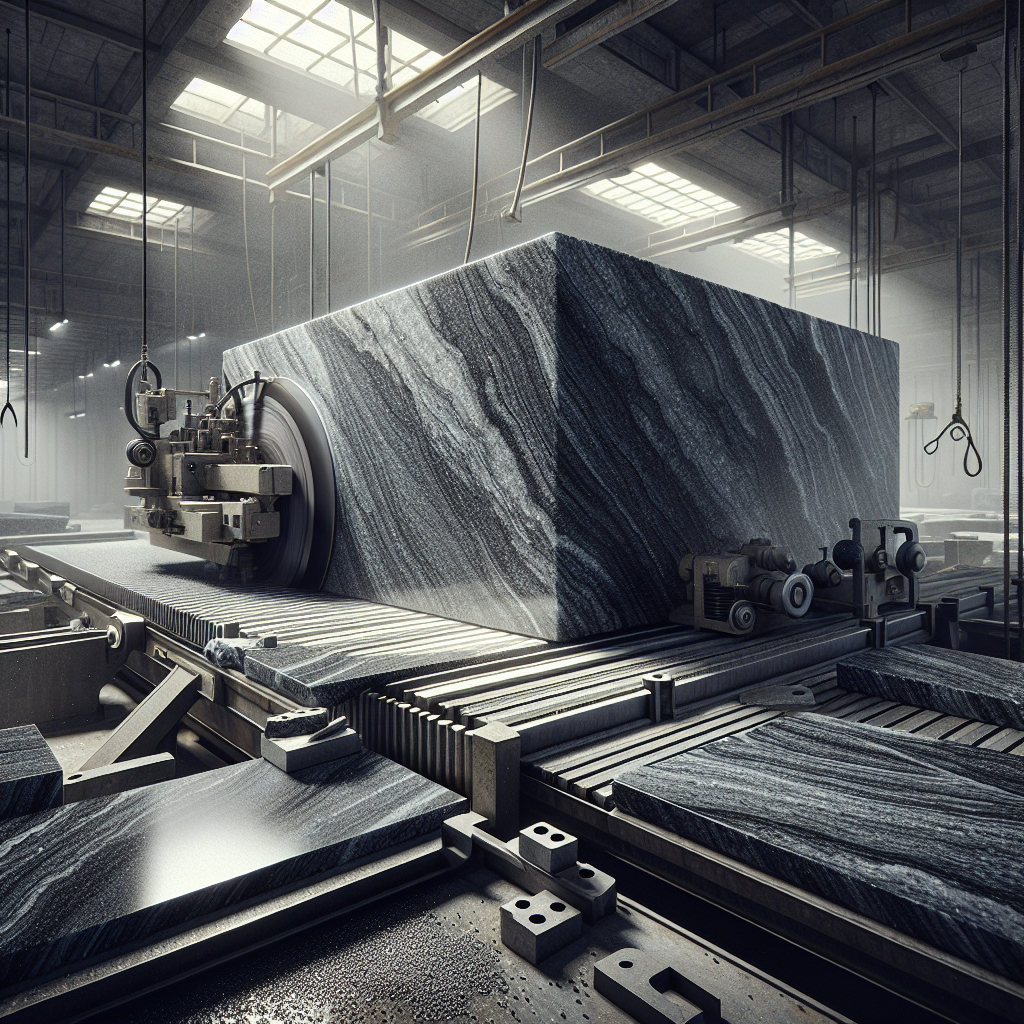 A granite block being cut into slabs in a workshop.