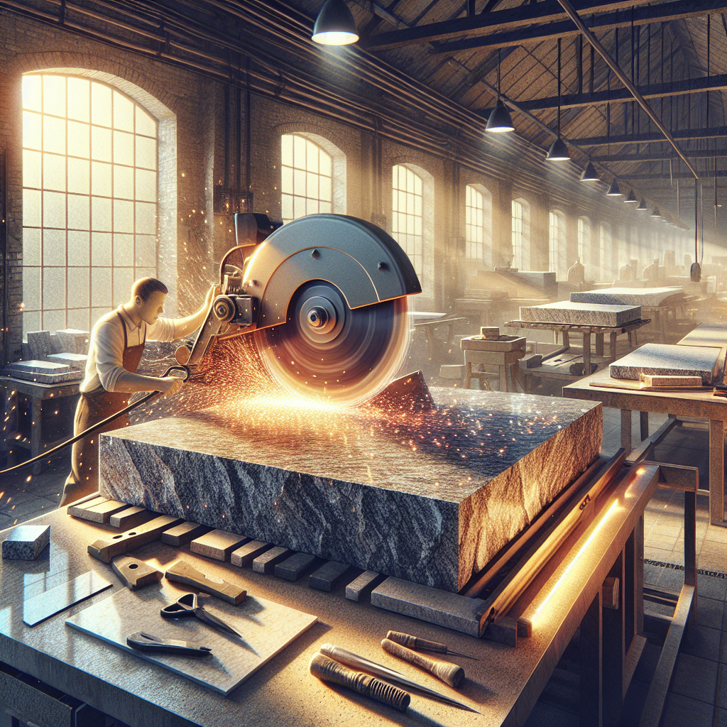 Professionals cutting granite slabs in a workshop.