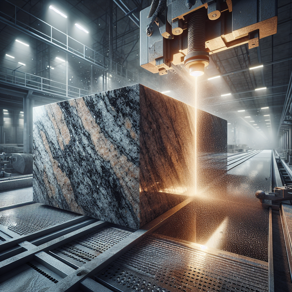 A granite slab being cut in a specialized workshop.