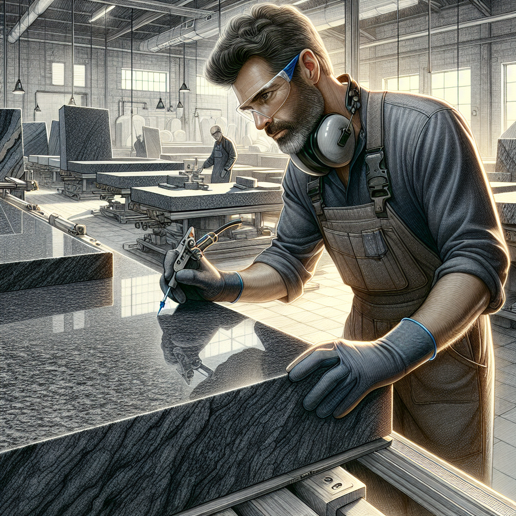 A craftsman cutting a granite slab in a workshop.
