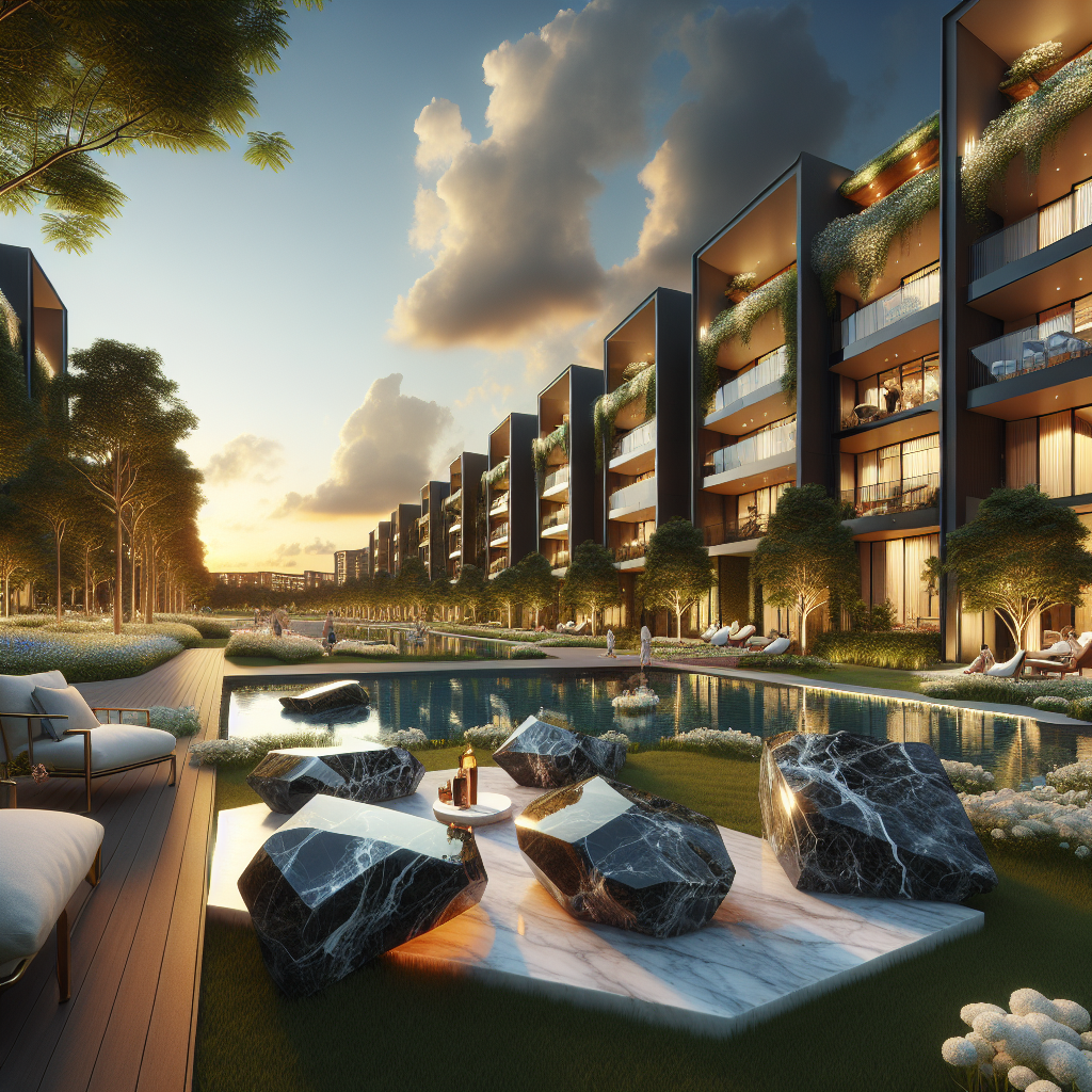 A realistic depiction of a luxurious community with modern architecture surrounded by natural elements in Wakad.