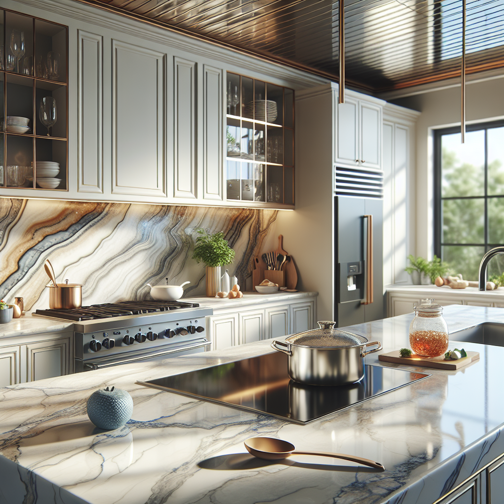 A luxurious kitchen with porcelain countertops showcasing their colors and patterns.