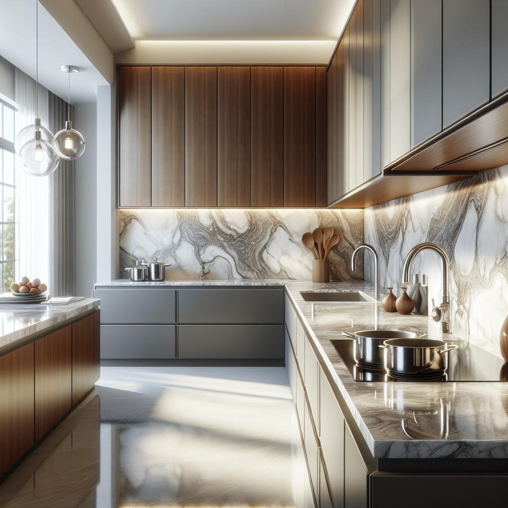 A modern kitchen with elegant porcelain countertops and natural light.