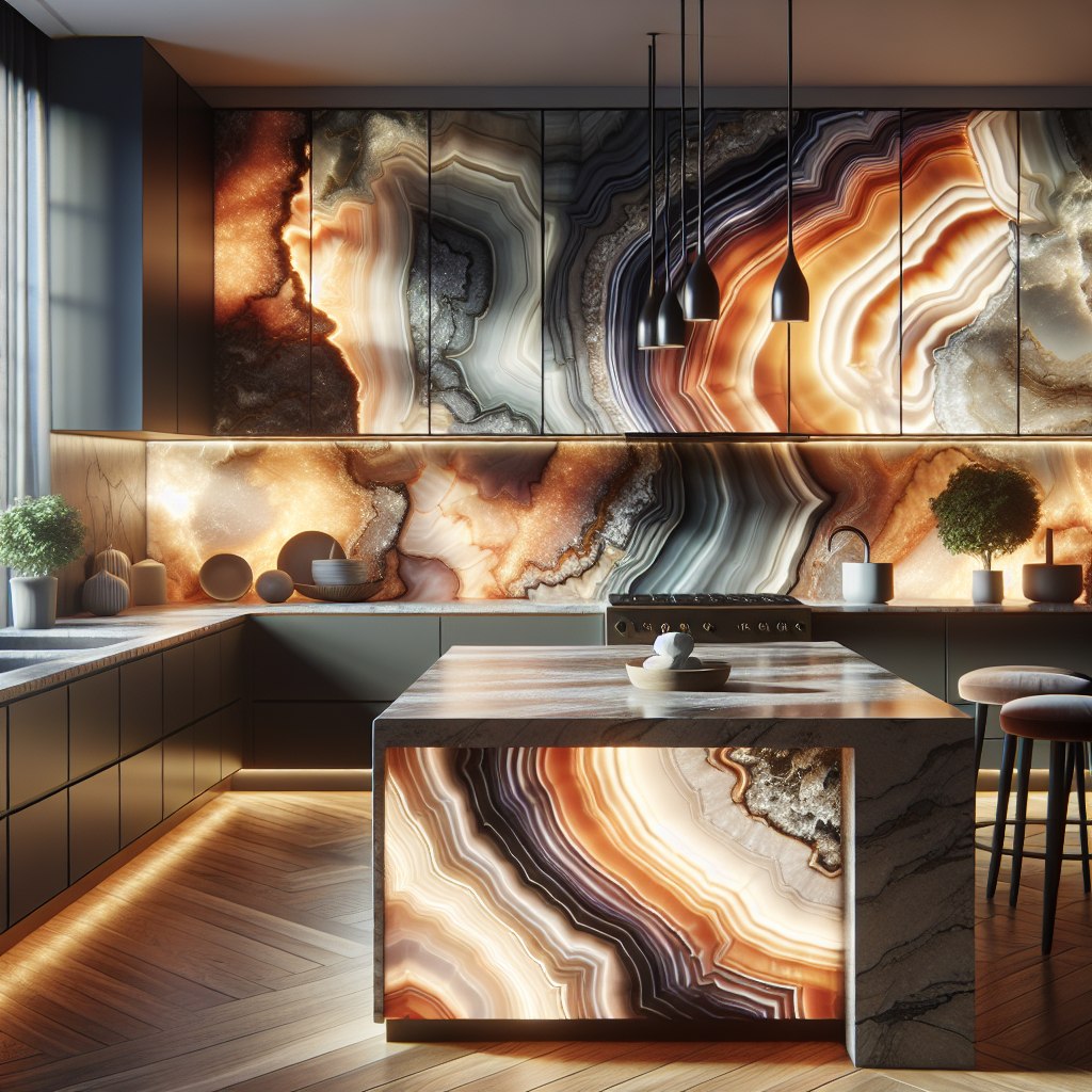 An elegant Onyx Tampines slab in a modern kitchen, emphasizing its vibrant patterns and translucent quality.