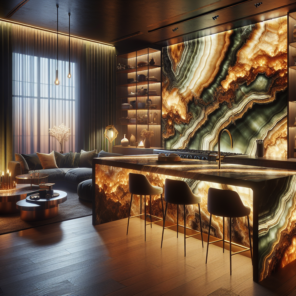 A luxurious kitchen featuring a backlit Onyx Tampines countertop with vibrant colors and modern decor.