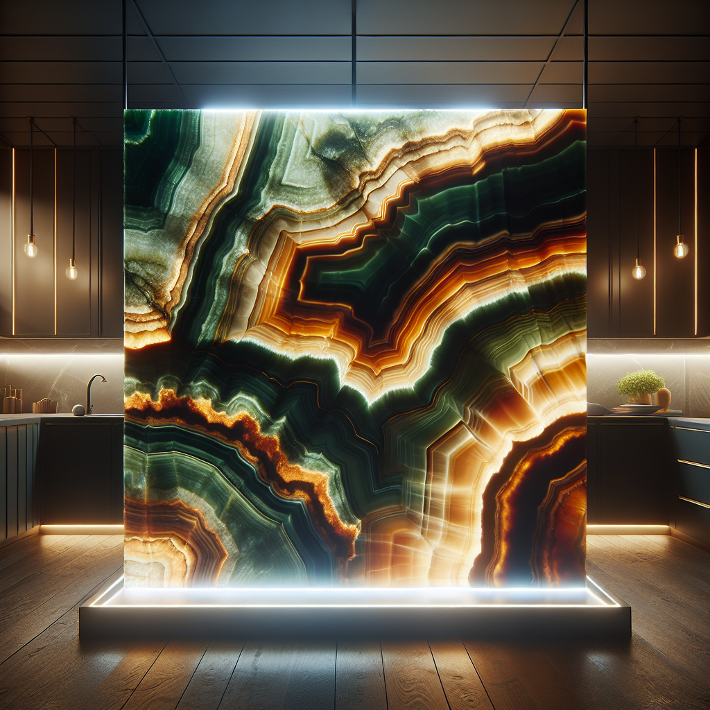 A luxurious Onyx Tampines stone slab in a modern kitchen, highlighting its vibrant colors and translucent quality.