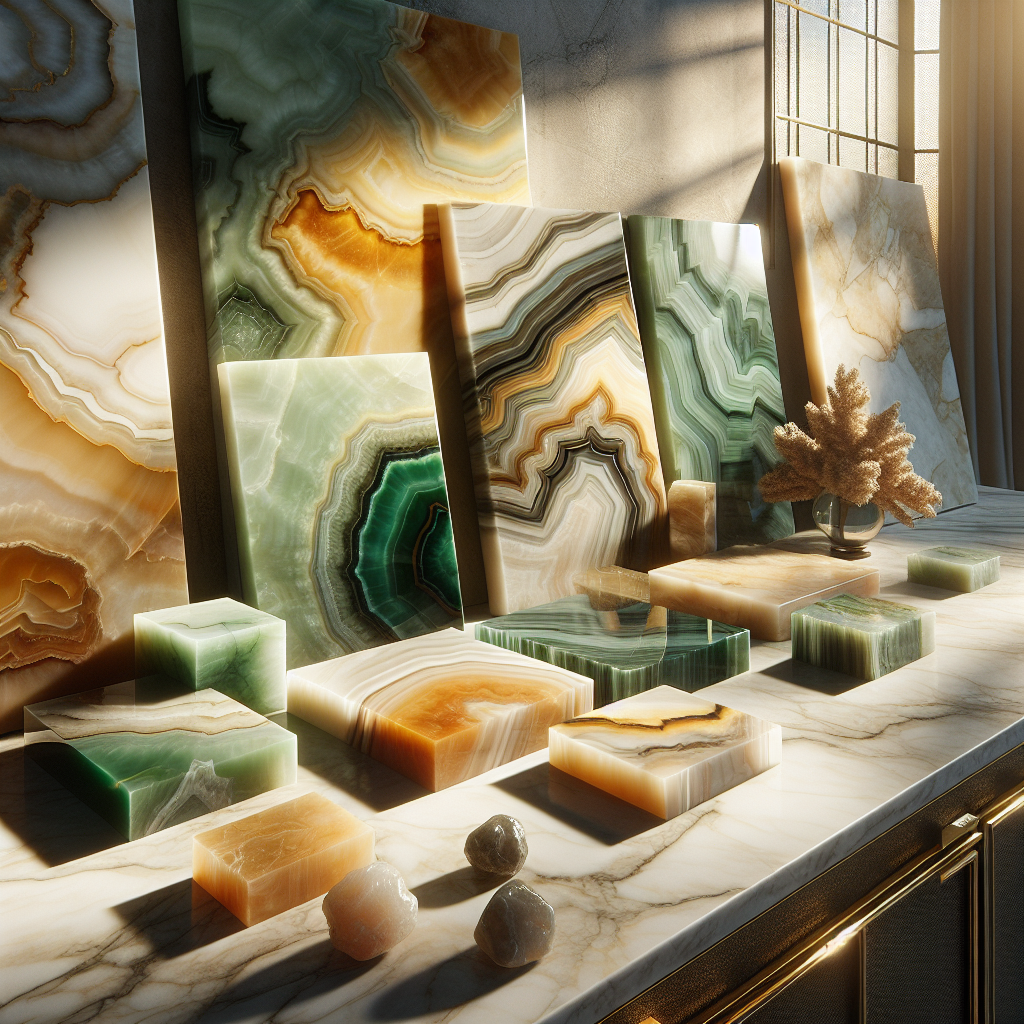 Display of Onyx Tampines stone samples on marble.