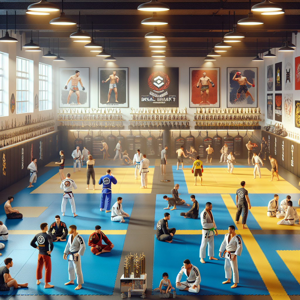 A vibrant martial arts training hub with students practicing and expert trainers guiding them.