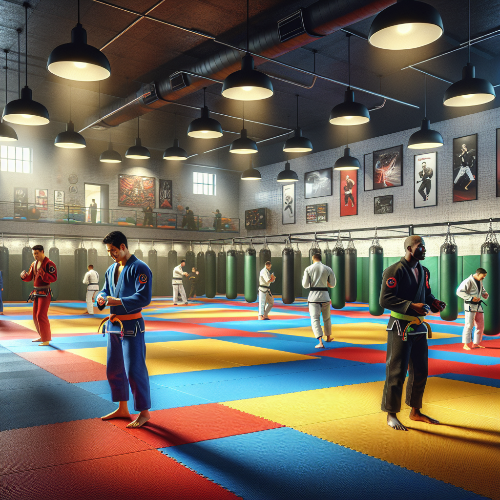 An interior view of a martial arts training hub with students practicing.