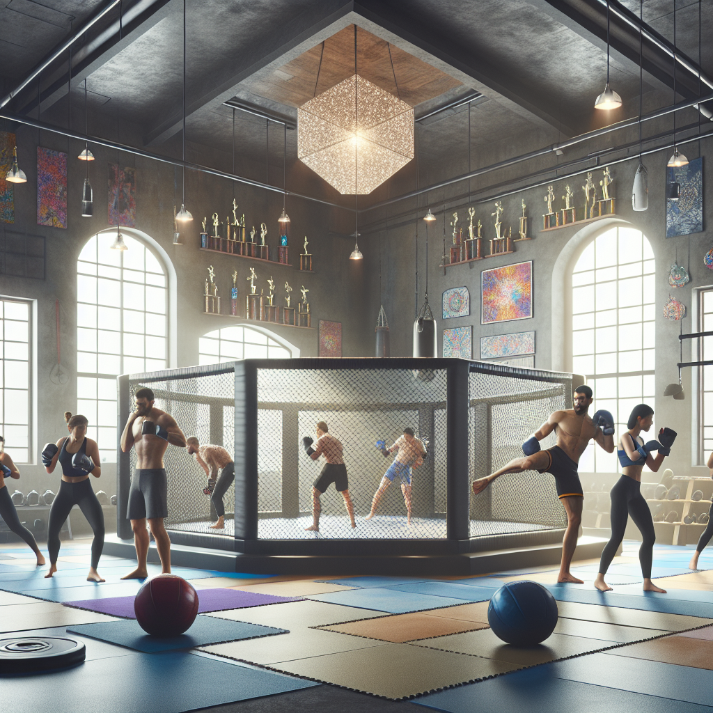 A vibrant martial arts training hub featuring practitioners in action with an MMA cage and training equipment.