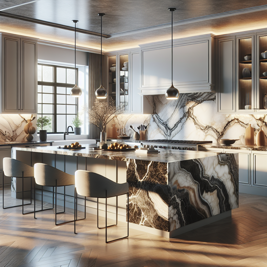 A luxurious kitchen with marble countertops supplied by 78 Degrees.