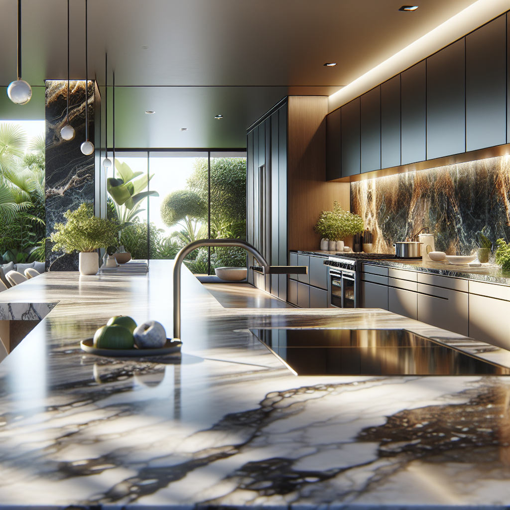 A luxurious modern kitchen with various types of countertops.