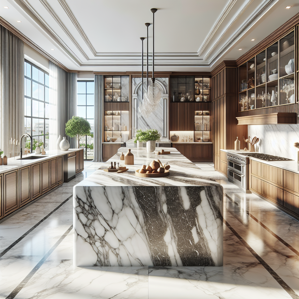 A luxurious kitchen featuring various exquisite countertops.