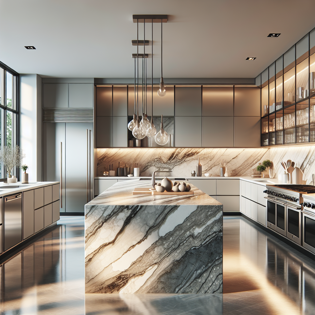 A modern kitchen showcasing luxurious marble, granite, and quartz countertops.