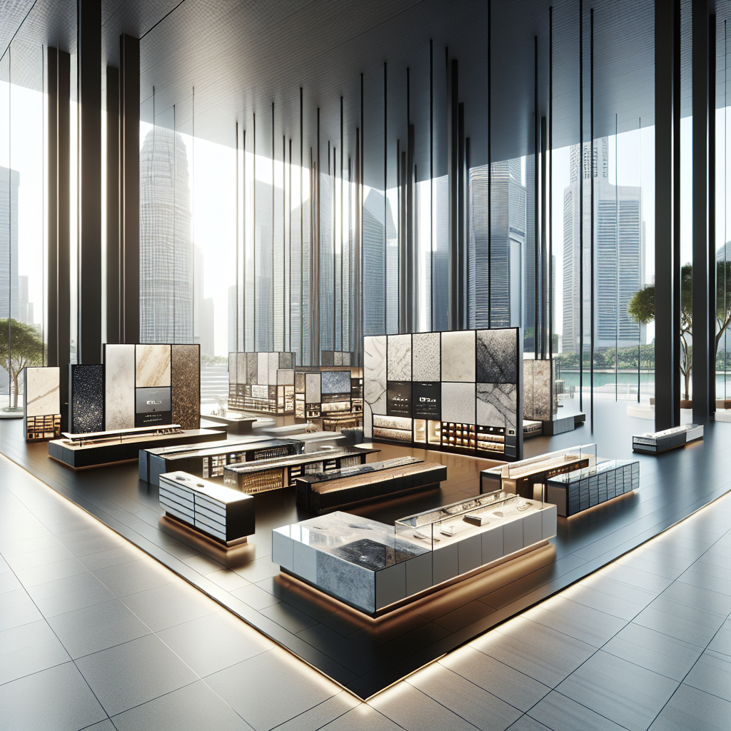 A realistic depiction of the Cosentino Showroom in Singapore showcasing various surface materials in a modern interior.