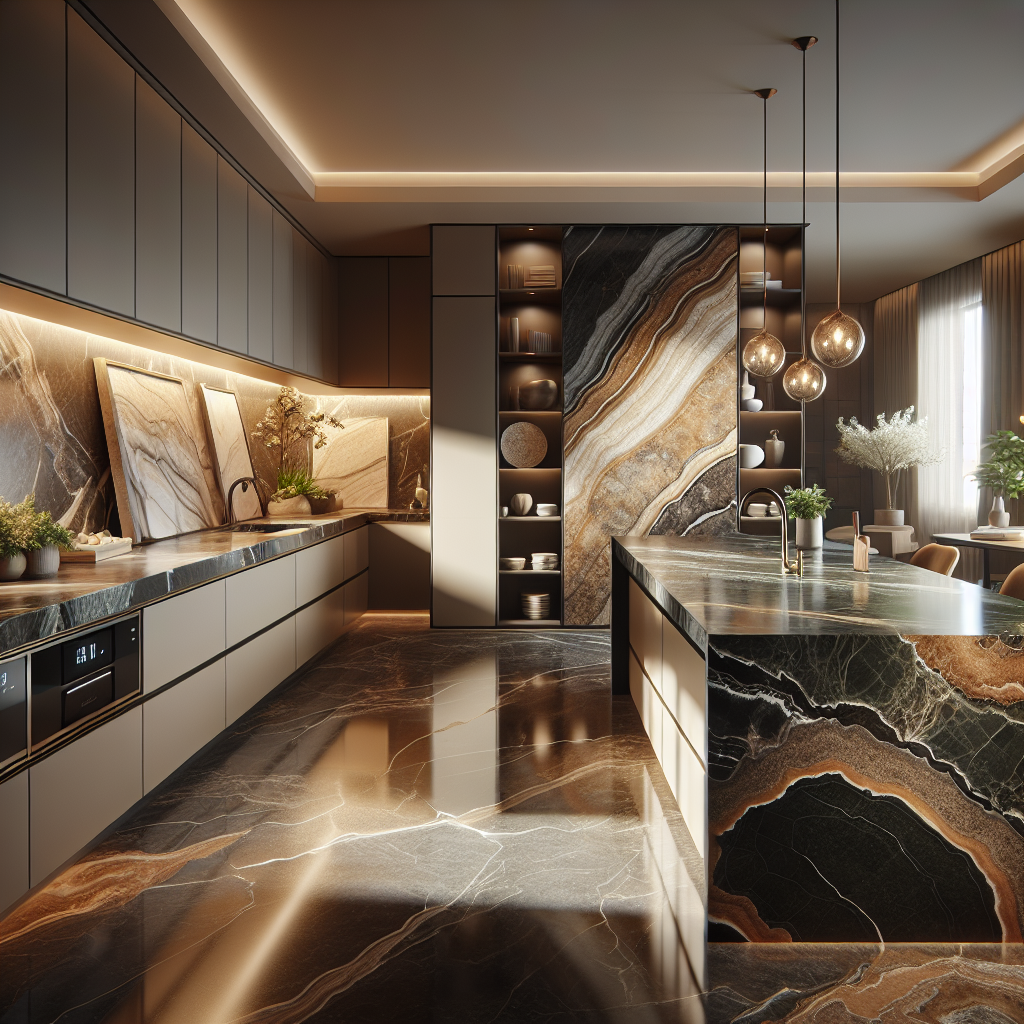 A luxurious kitchen and bathroom showcasing Gardenia Slabs and Dekton materials.